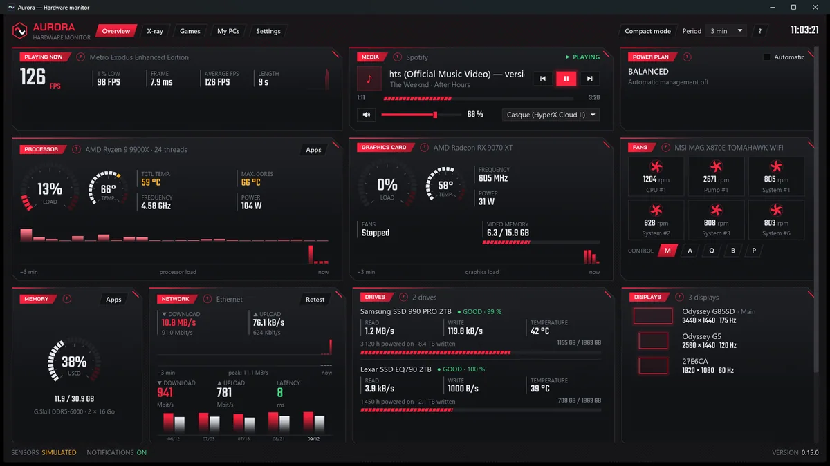 The same dashboard in English: Processor, Graphics card, Fans, Memory, Network, Drives and Displays.