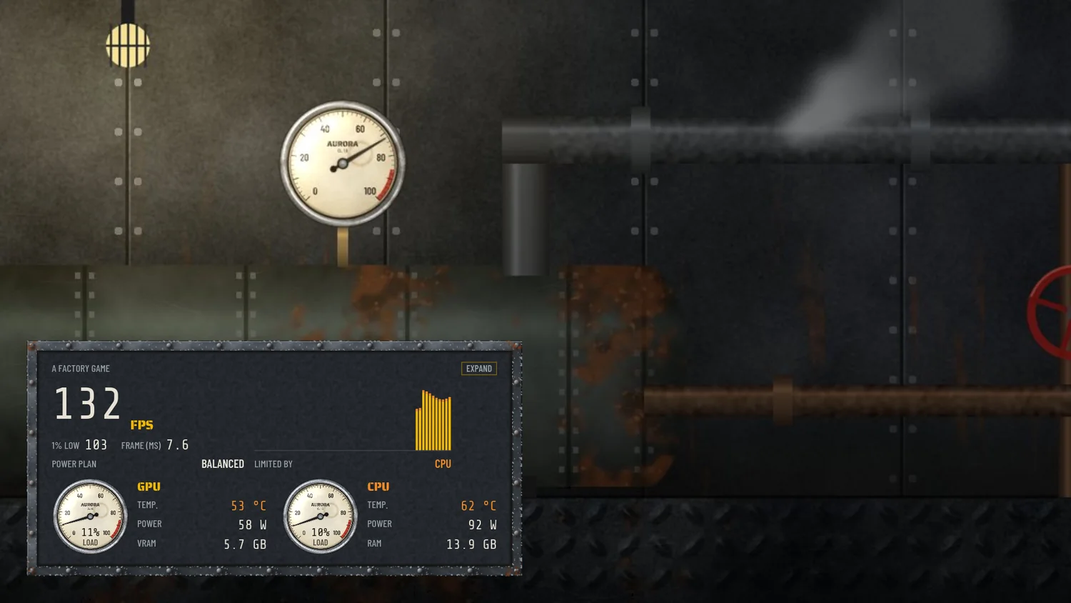 The HUD game overlay wearing Boiler Room, in front of the tank of the engine room of its preview