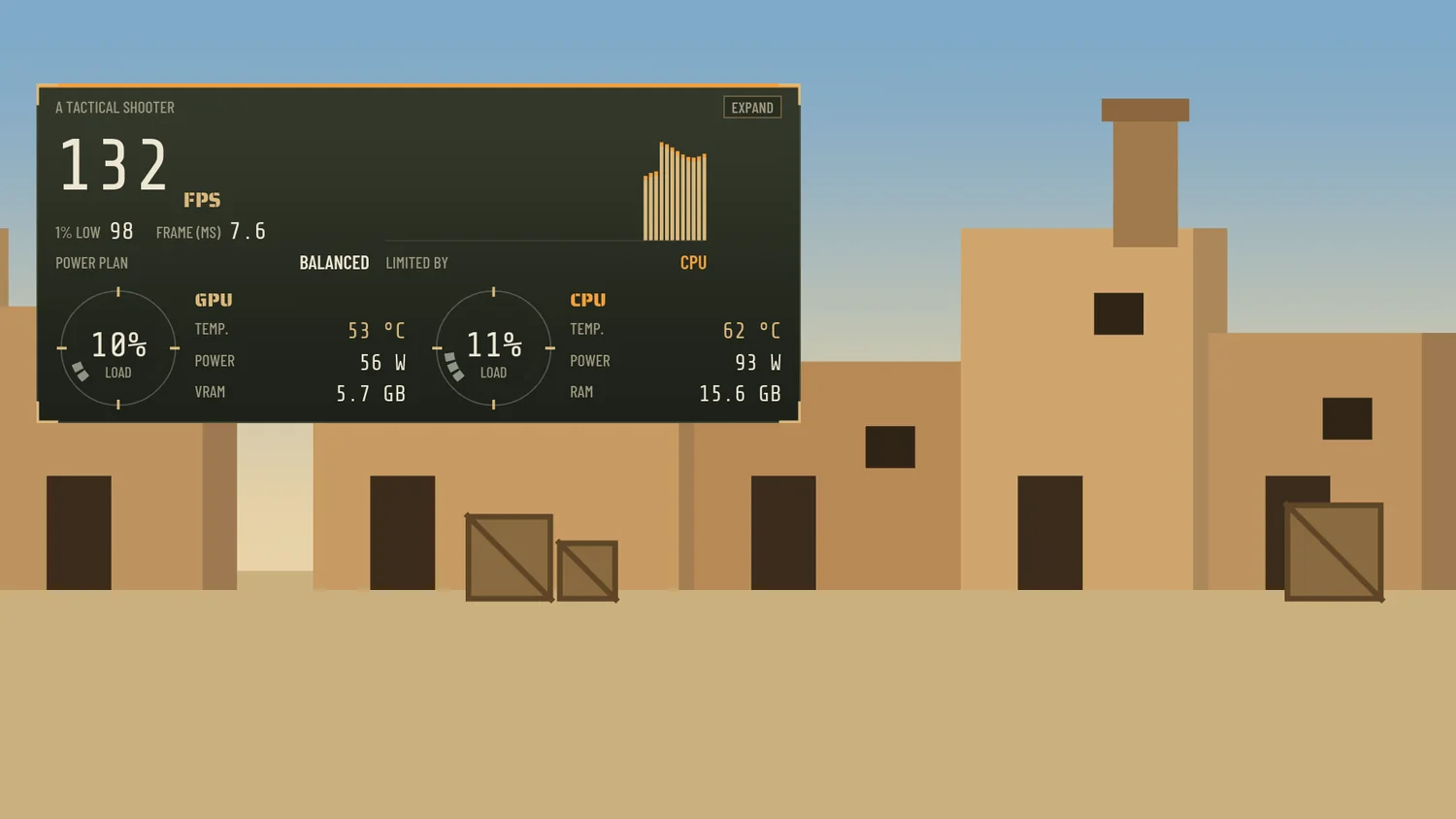 The HUD game overlay wearing Squad, on the terracotta village of its preview
