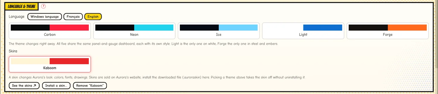 Settings, Language & theme panel: the Skins row, Kaboom worn