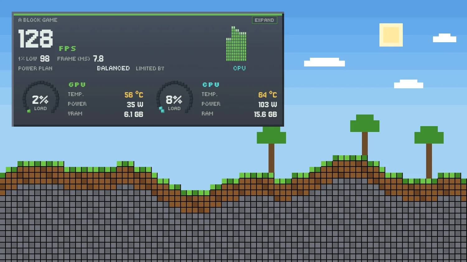 The HUD game overlay wearing Pixel, over a block game