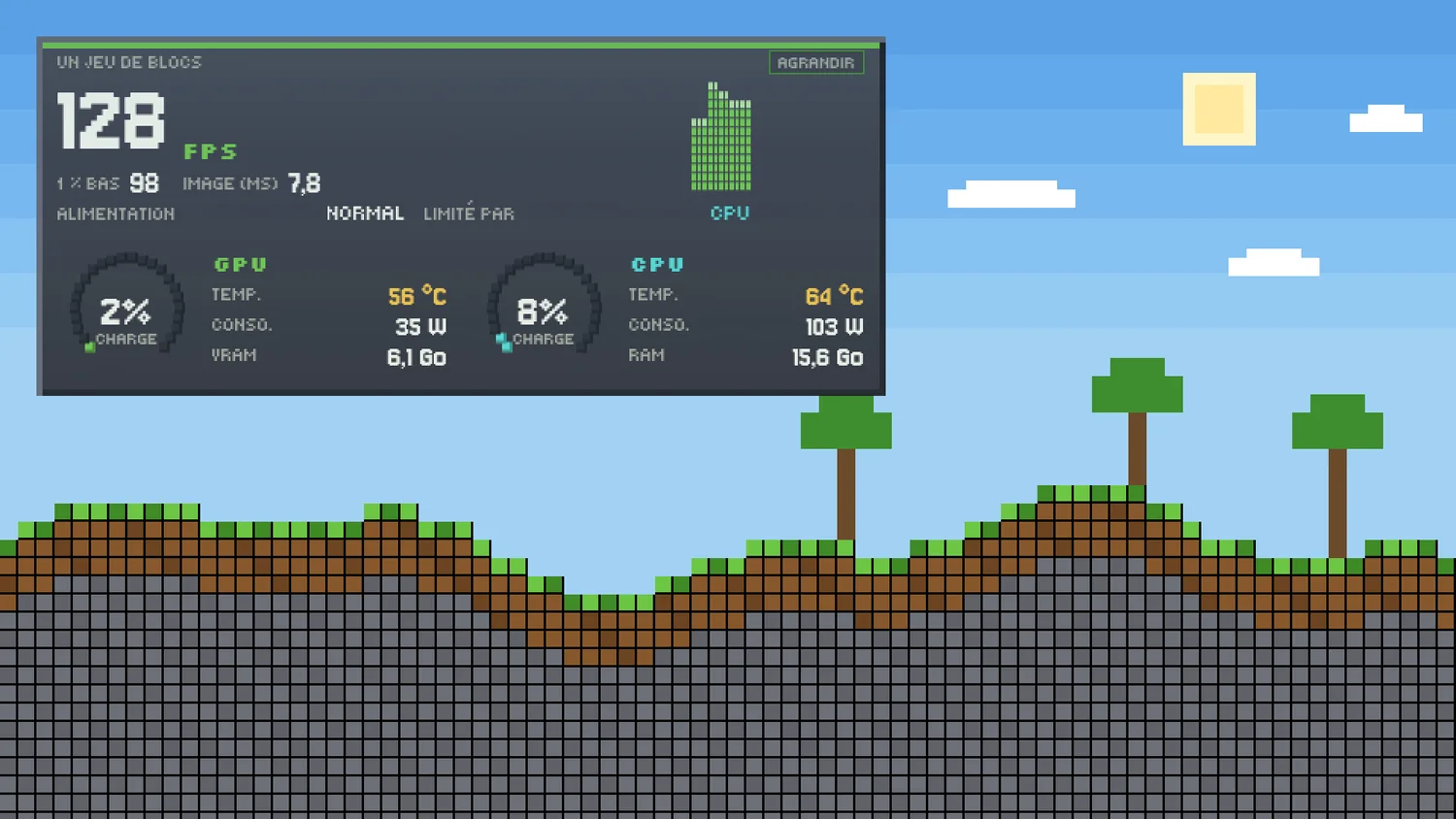 L'overlay de jeu en HUD, habillé de Pixel, par-dessus un jeu de blocs