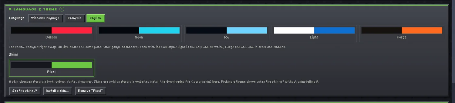 Settings, Language & theme panel: the Skins row, Pixel worn