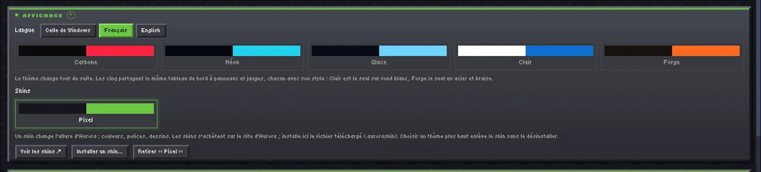 Réglages, panneau Affichage : la ligne Skins, Pixel porté