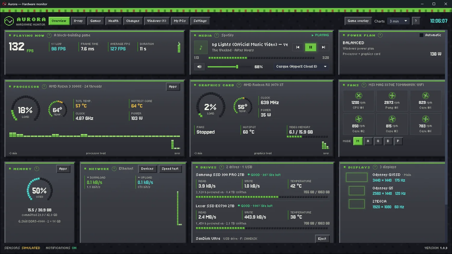 Aurora's dashboard wearing the Pixel skin: stone panels, a grass strip, block gauges