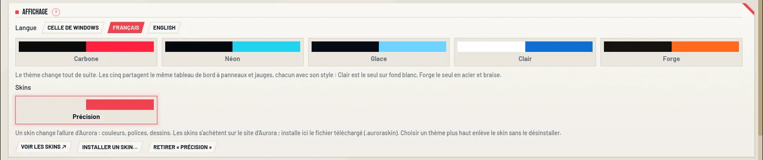 Réglages, panneau Affichage : la ligne Skins, Précision porté