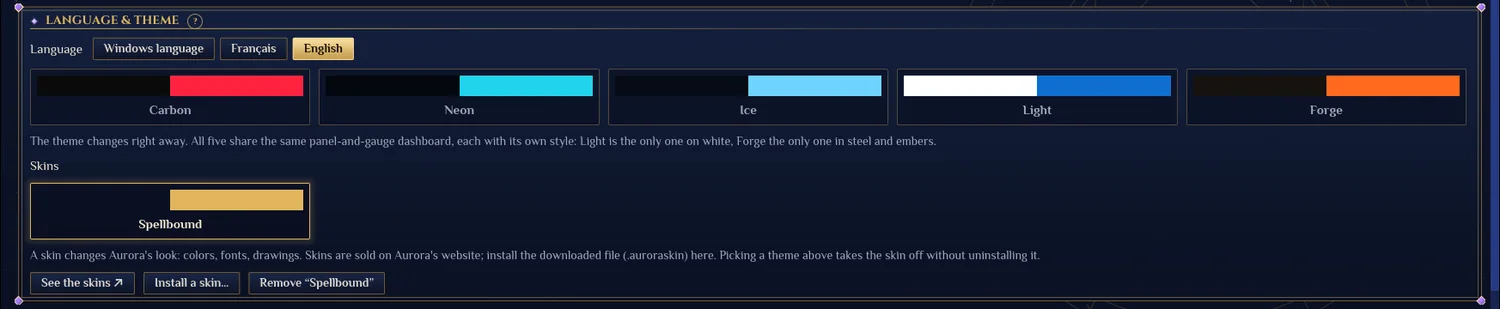 Settings, Language & theme panel: the Skins row, Spellbound worn