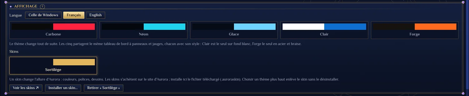 Réglages, panneau Affichage : la ligne Skins, Sortilège porté