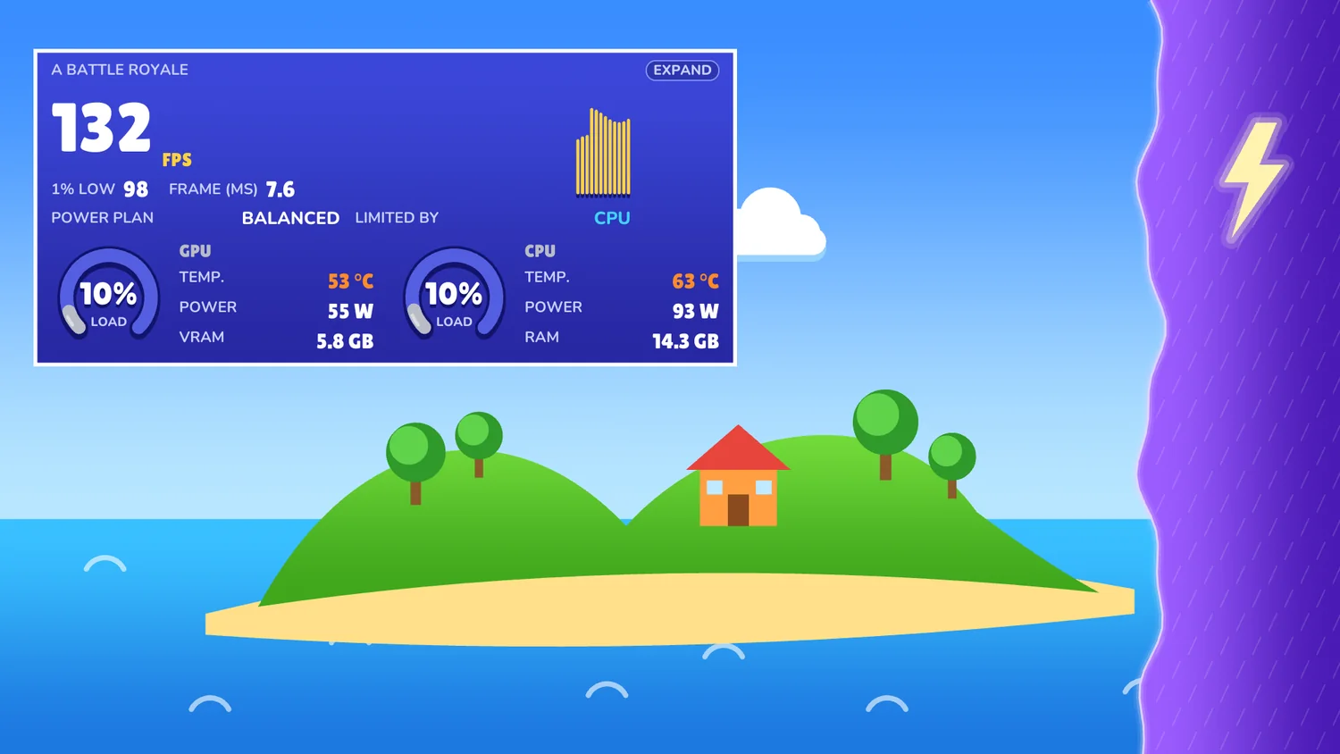 The HUD game overlay wearing Storm, on the cartoon island of its preview