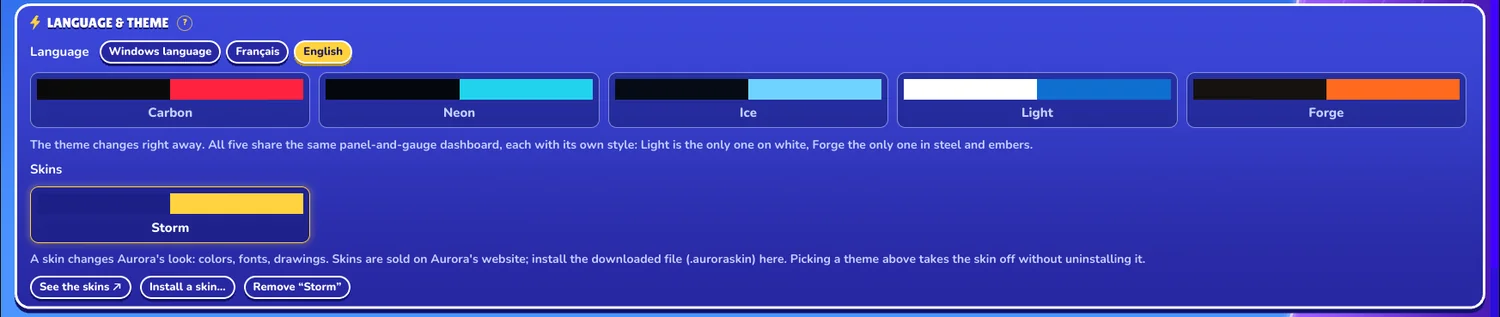 Settings, Language & theme panel: the Skins row, Storm worn