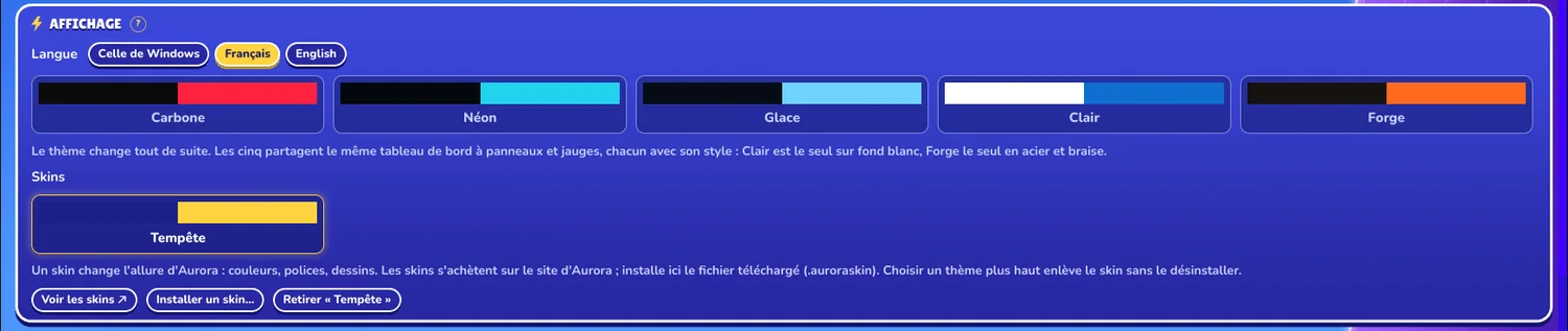 Réglages, panneau Affichage : la ligne Skins, Tempête porté