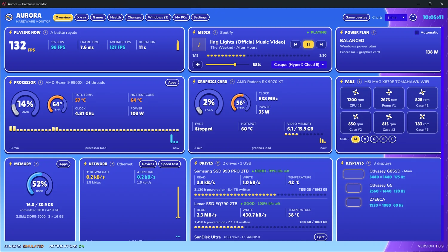 Aurora's dashboard wearing the Storm skin: a big blue sky, rounded white-rimmed cards