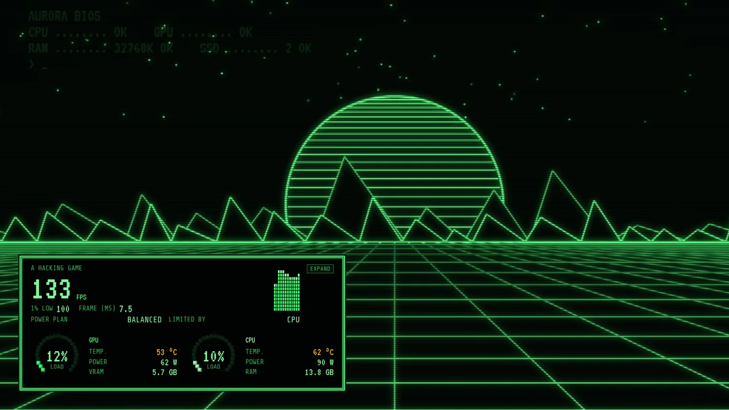 The HUD game overlay wearing Terminal, on the grid floor of the wireframe landscape of its preview