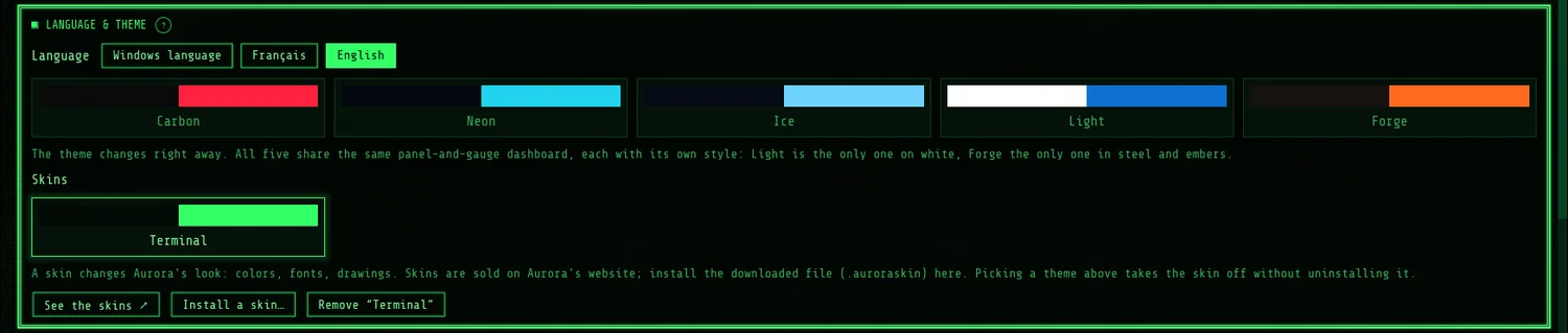 Settings, Language & theme panel: the Skins row, Terminal worn