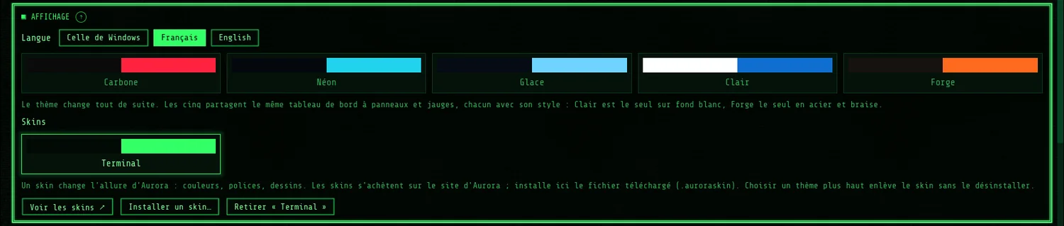 Réglages, panneau Affichage : la ligne Skins, Terminal porté