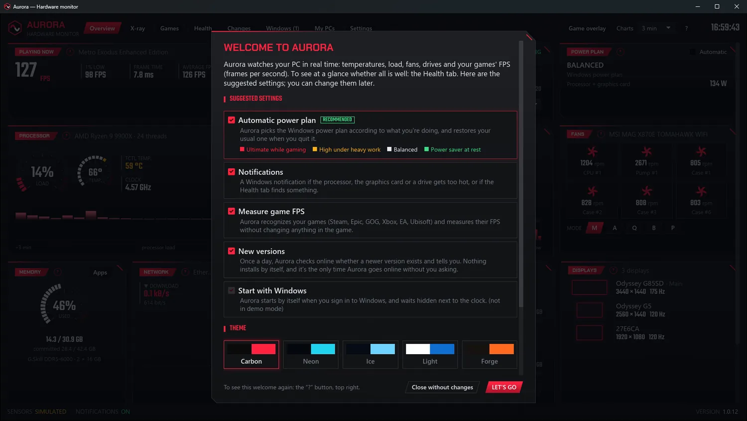The welcome screen on first launch: the suggested settings, the themes, and its buttons always visible at the bottom.