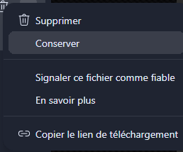 The download's “…” menu, in French: Delete, Keep, Report this file as safe, Learn more, Copy download link.