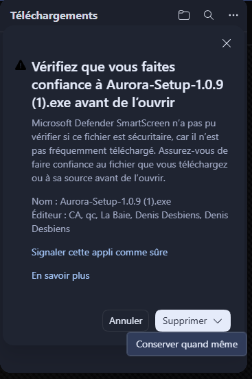 Edge asks you to make sure you trust the file before opening it, in French: the publisher is Denis Desbiens; under the “Delete” arrow, “Keep anyway”.