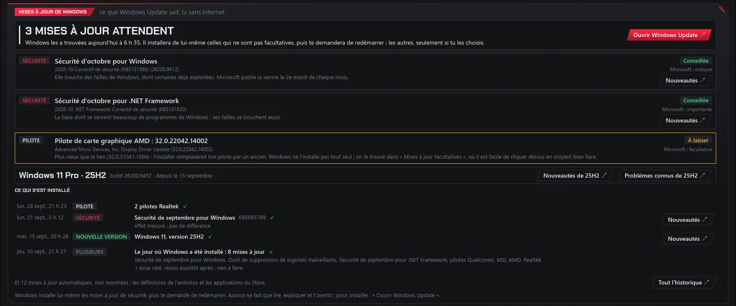 Le panneau « Mises à jour de Windows » de l'onglet Windows : trois mises à jour qui attendent, et l'avis d'Aurora.