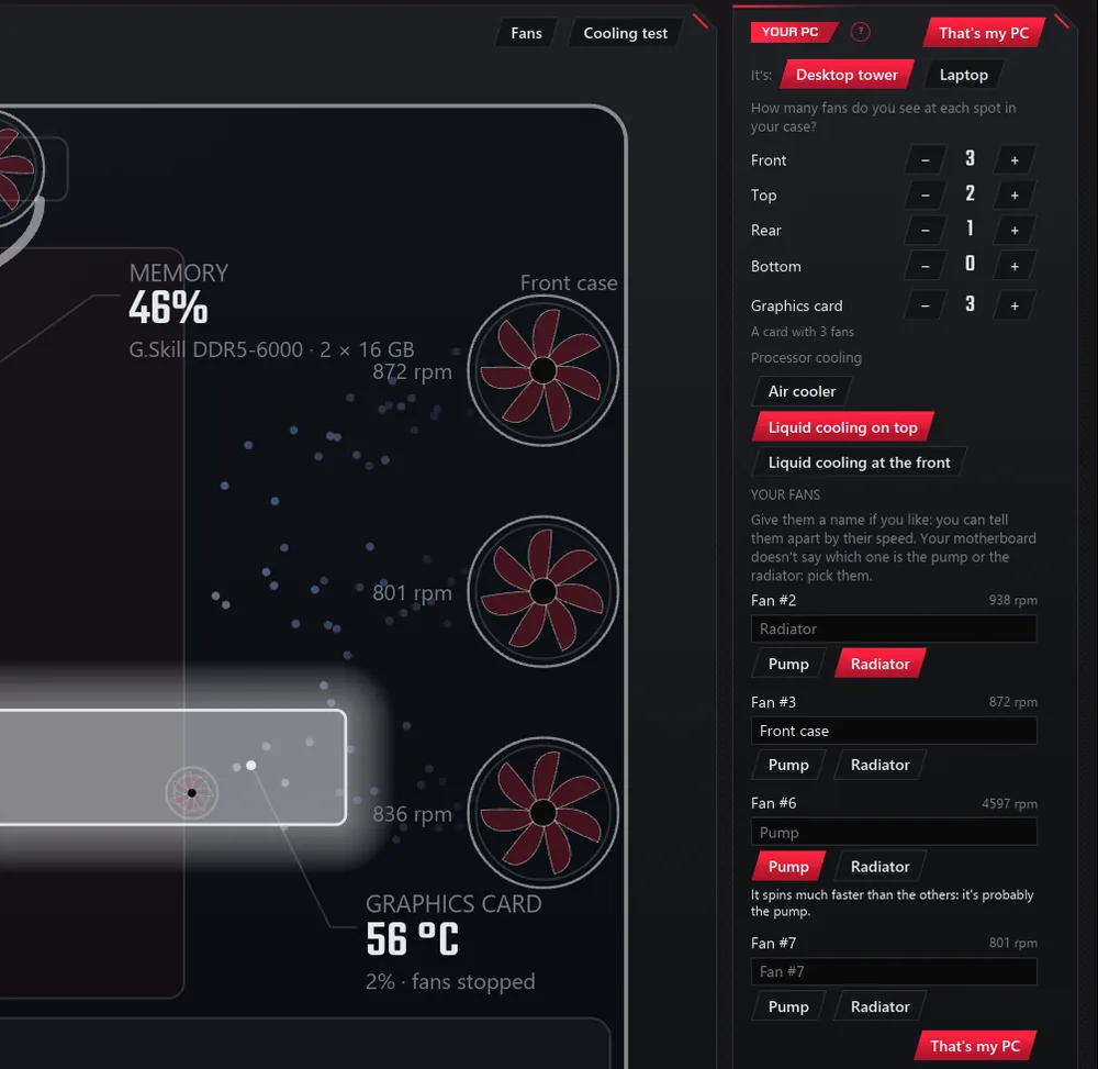 “Your PC” on an ASUS motherboard that doesn't name its headers: each fan with its speed and a field for its name, “Front case” above the front fan, and the pump recognized because it spins much faster than the others.