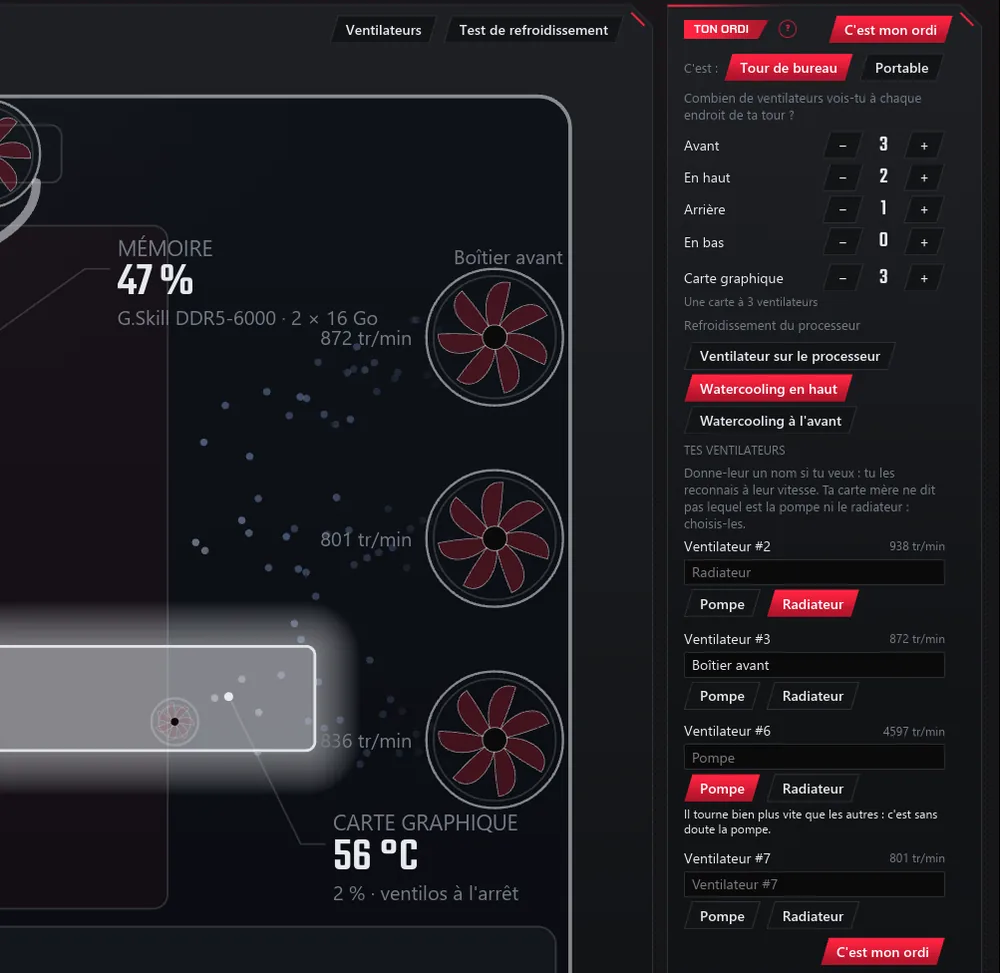 « Ton ordi » sur une carte mère ASUS qui ne nomme pas ses prises : chaque ventilateur avec sa vitesse et un champ pour son nom, « Boîtier avant » au-dessus du ventilateur avant, et la pompe reconnue parce qu'elle tourne bien plus vite que les autres.