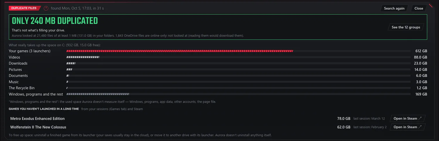 Few duplicates, in demo mode: “Only 240 MB duplicated. That's not what's filling your drive.” Then what really takes up the space on an almost full 1 TB drive: 612 GB of games, videos, downloads, Windows and the rest; and two games not launched in months, with “Open in Steam”.