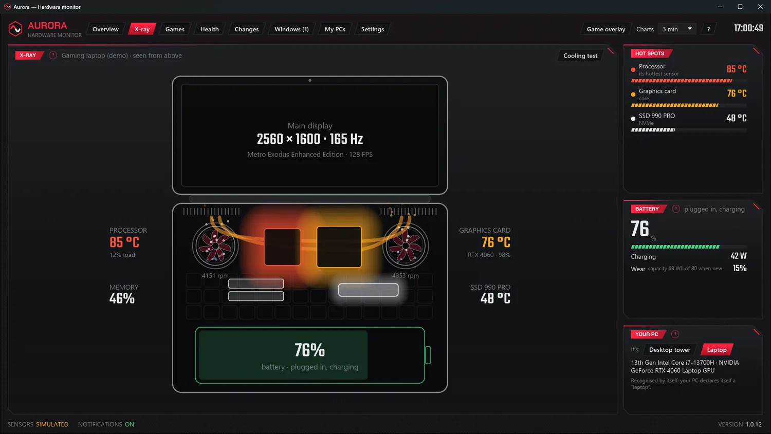 The X-ray of a gaming laptop, in demo mode: open, seen from above, the processor and graphics card heating up between its two fans, and its battery at 76%, plugged in.