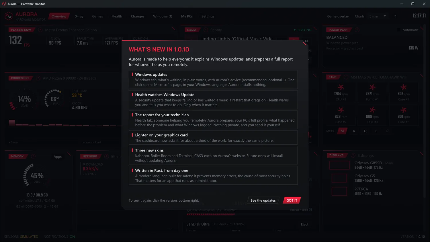 The “What's new” window of 1.0.10, in demo mode: Windows updates, Health watching Windows Update, the report for your technician, the lighter graphics load, three new skins and Rust, in six tiles.