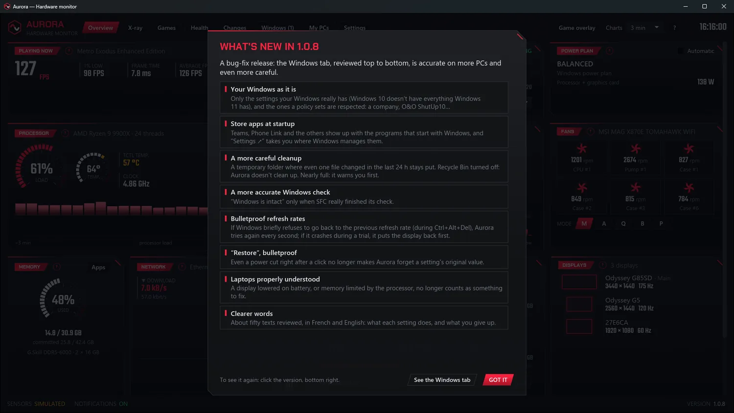 The “What's new” window, in demo mode: after an update, what's new in 1.0.8 in eight tiles, shown once.