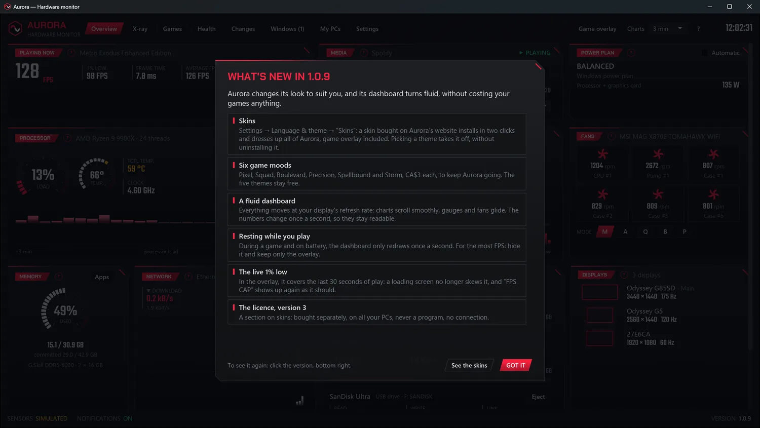 The “What's new” window of 1.0.9, in demo mode: skins, the fluid dashboard, resting while you play, the live 1% low and licence version 3, in six tiles.