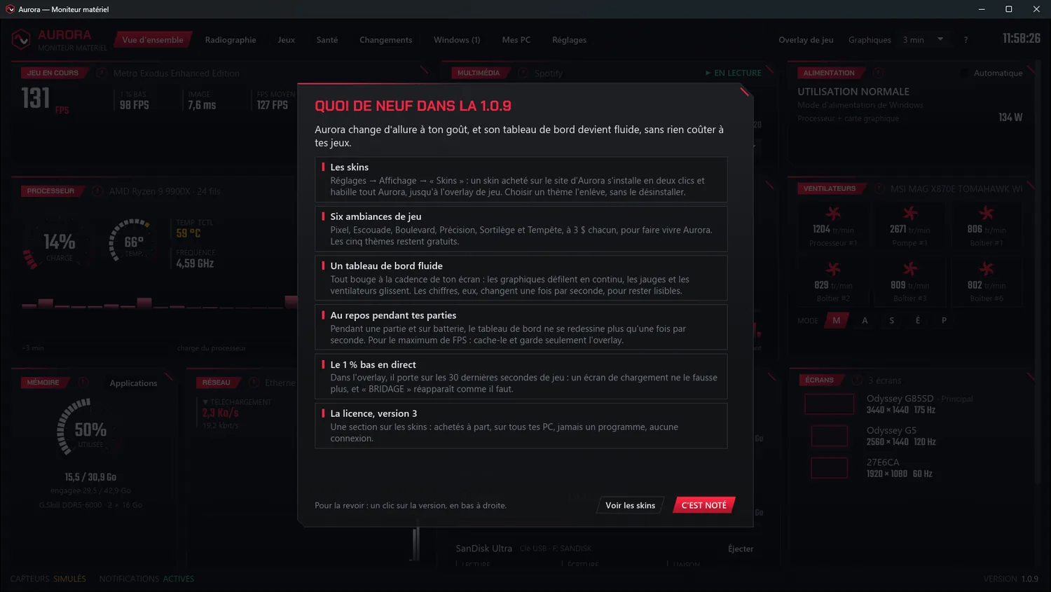 La fenêtre « Quoi de neuf » de la 1.0.9, en démonstration : les skins, le tableau de bord fluide, le repos pendant les parties, le 1 % bas en direct et la licence version 3, en six tuiles.