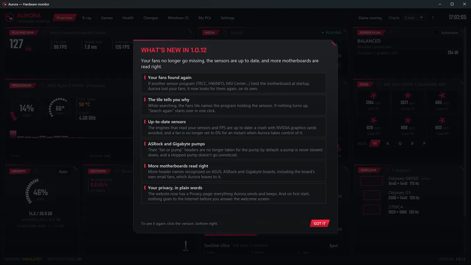 The “What's new” window of 1.0.12, in demo mode: your fans found again, the tile that tells you why, up-to-date sensors, ASRock and Gigabyte pumps, more motherboards read right and your privacy in plain words, in six tiles.