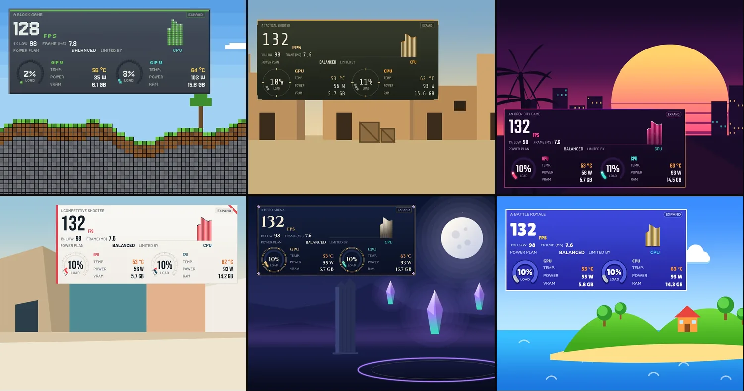 The six skins in game: the game overlay wearing Pixel, Squad, Boulevard, Precision, Spellbound and Storm, each on the landscape of its preview.